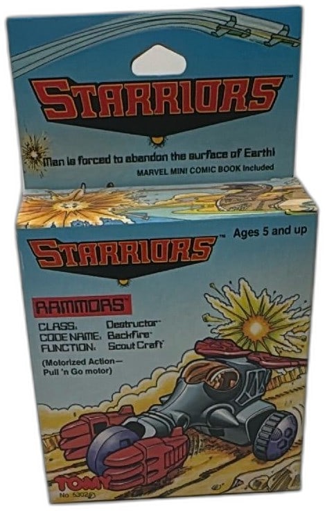 1984 Tomy Starriors Rammors Backfire Motorized Action Toy With Comic New: Vintage 1984 Tomy Starriors Rammors Backfire motorized action toy, pull 'n go scout craft complete in original packaging. Features dynamic colorful box art and includes a Marvel mini comic book, enhan