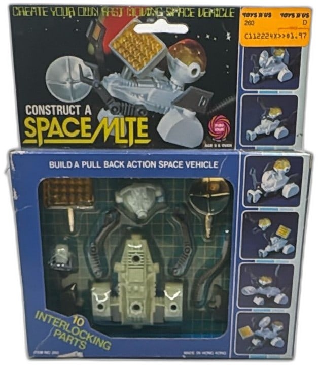 Construct A Space Mite Vintage 1980s Pull Back Action Space Vehicle Toy New: Vintage Construct A Space Mite toy, 1980s, buildable pull-back action space vehicle, Play-Jour Inc. Features 10 interlocking plastic parts to assemble a robot-inspired sci-fi vehicle with gold and sil