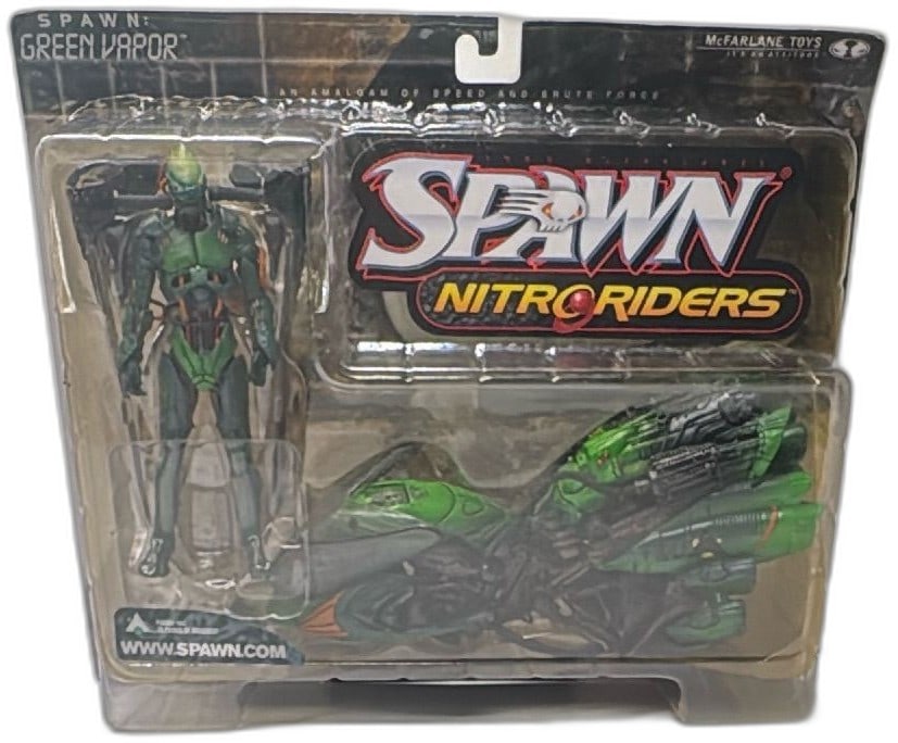 Spawn Nitro Riders Green Vapor Series 16 McFarlane Toys 1999 New Sealed: Spawn Nitro Riders Green Vapor Series 16 action figure and vehicle by McFarlane Toys from 1999, mint in original sealed packaging. Highly detailed Green Vapor figure in green and black with orange tub
