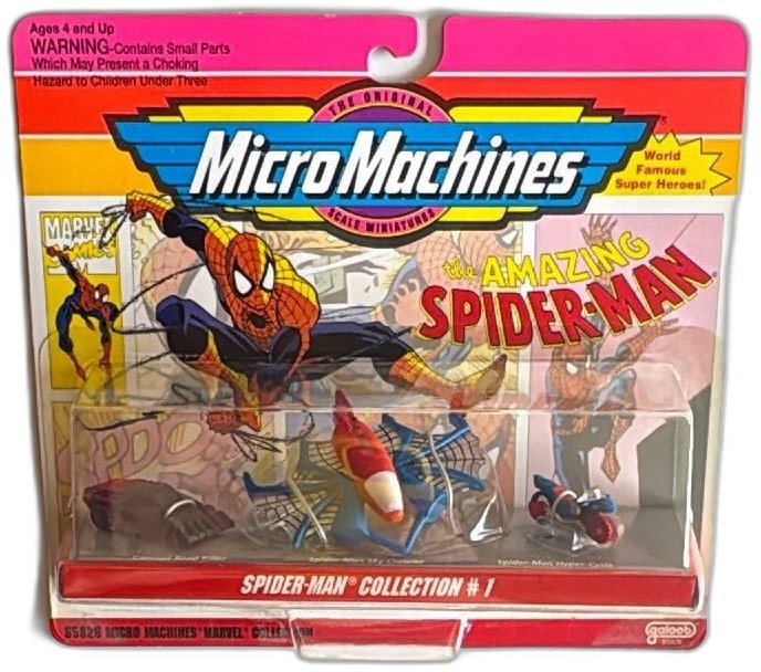 1993 Micro Machines Marvel Spider-Man Collection 1 Galoob New Sealed: 1993 Micro Machines Marvel Spider-Man Collection #1 by Galoob, new and factory sealed on card. Features Spider-Man Hyper-Cycle, Sky Crawler, and Carnage Road Killer mini vehicles with original comic-s