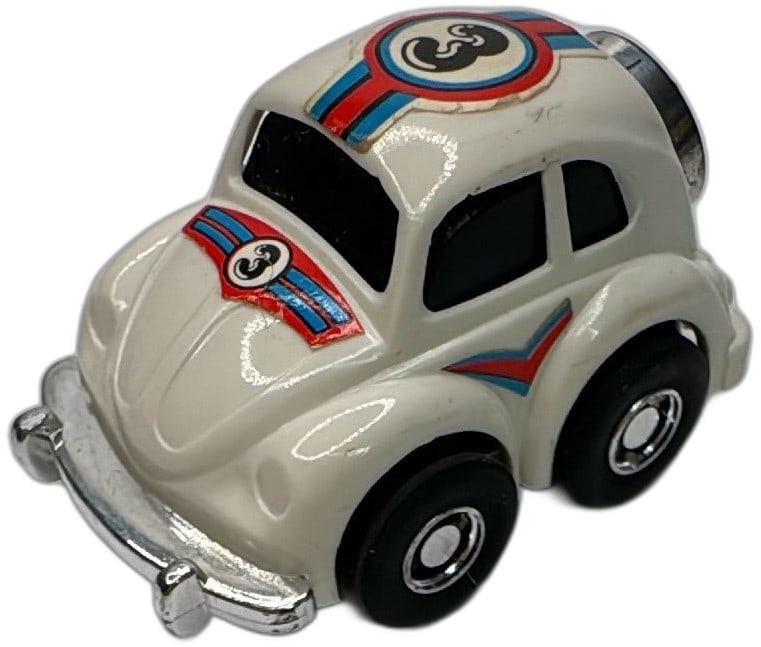 Nomura Toy TN Turbo VW Beetle Pull Back Car Japan Vintage White Diecast: Vintage Nomura Toy TN Turbo VW Beetle pull back car, made in Japan. Features a cartoonish Volkswagen Beetle design, white with blue and red racing stripes and “3” logo decals. Chrome accents o