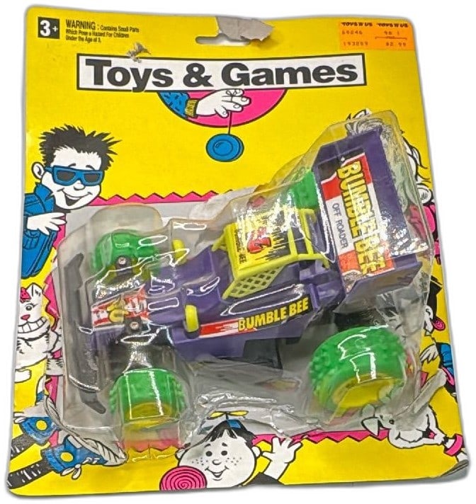 Vintage Toys R Us Bumble Bee Off Roader Toy Car Purple Green Yellow #16: Vintage Toys R Us Bumble Bee Off Roader toy car, purple body with green wheels, yellow accents, and #16 decals. 1990s-era collectible buggy-style car, ideal for retro toy collections or display. Featu