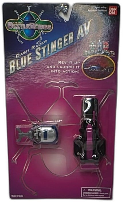 BeetleBorgs Dash Racer Blue Stinger AV Bandai 1996 Sealed Rare Vintage Toy: BeetleBorgs Dash Racer Blue Stinger AV Bandai 1996 collectible vintage toy, factory sealed on original card. Features a blue and silver bug-themed racer and launcher, based on the classic 90s Saban TV