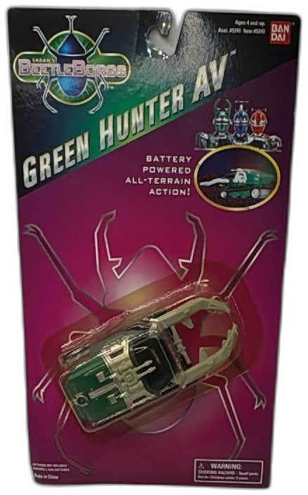 1996 Bandai Saban BeetleBorgs Green Hunter AV Battery Powered Vehicle NIB: 1996 Saban BeetleBorgs Green Hunter AV by Bandai, battery powered all-terrain action vehicle, new in original packaging. Features TV-accurate details, green paint scheme, and moving mechanical element