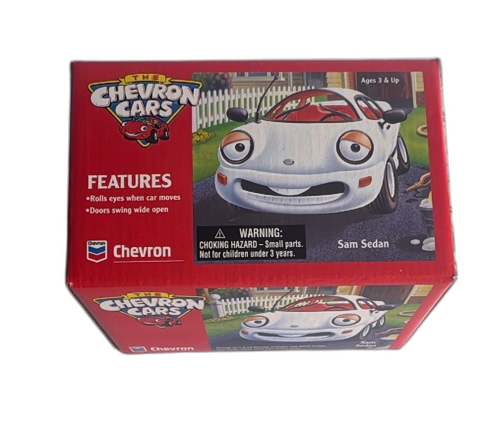 Chevron Cars Sam Sedan 1996 Diecast Toy Car New In Box Collectible White: Chevron Cars Sam Sedan diecast toy car, collectible from 1996, new in original box. Features rolling eyes when car moves and doors that swing wide open, perfect for ages 3 and up. Iconic Chevron brand