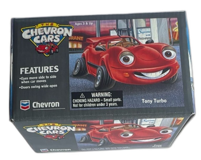 Chevron Cars Tony Turbo Red Collectible Toy Car 1996 Eyes Move Doors Open New Bo: Chevron Cars Tony Turbo collectible toy car, red color, 1996 edition. Features include eyes that move side to side with car movement and doors that swing open. Boxed in original Chevron packaging with