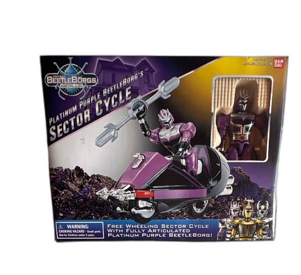 BeetleBorgs Metallix Platinum Purple Beetleborg Sector Cycle Bandai 1997 Sealed: Rare Saban’s BeetleBorgs Metallix Platinum Purple Beetleborg Sector Cycle by Bandai, 1997. Vintage collectible toy set featuring free-wheeling Sector Cycle vehicle with fully articulated Platinum Pu