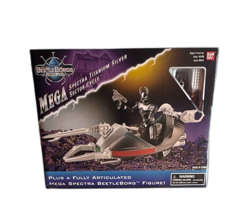 BeetleBorgs Metallix Mega Spectra Titanium Silver Sector Cycle Bandai 1997 New: BeetleBorgs Metallix Mega Spectra Titanium Silver Sector Cycle by Bandai from 1997, new in box and unopened. Features a fully articulated Mega Spectra BeetleBorg figure and free-wheeling vehicle with 