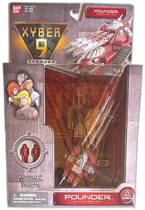 Bandai Xyber 9 New Dawn Pounder Renard’s Army Tank 1999 Sealed Box Collectible: Bandai Xyber 9 New Dawn Pounder Renard’s Army Tank 1999 collectible toy, sealed in original box. Features detailed red and silver tank with triple cannons, cockpit, and two 1" Evil Machina Trooper f