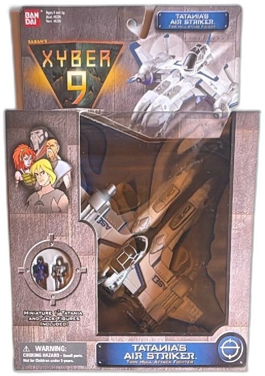 Xyber 9 New Dawn Tatianas Air Striker Twin Hull Attack Fighter Bandai 1999 NIB: Xyber 9 New Dawn Tatianas Air Striker Twin Hull Attack Fighter by Bandai, 1999. Collectible action vehicle in original unopened box, includes miniature Tatiana and Jack figures. Features opening cockp