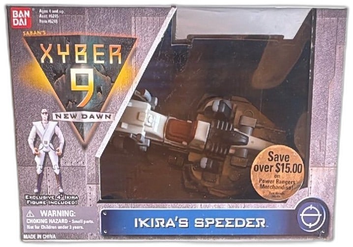 Xyber 9 New Dawn Ikiras Speeder Bandai 1999 Vehicle Figure Set Factory Sealed: Xyber 9 New Dawn Ikira’s Speeder by Bandai, released in 1999, vehicle and figure collectible toy set, factory sealed in original box. Features Ikira character figure and speeder bike with hidden can