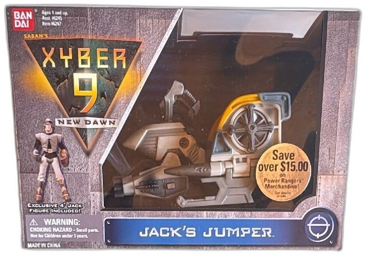 Bandai Xyber 9 New Dawn Jacks Jumper Vehicle With 4 Inch Jack Figure 1999 NIB: Bandai Xyber 9 New Dawn Jack's Jumper vehicle toy with exclusive 4-inch Jack action figure, released in 1999. Vintage collectible from the Fox Kids animated series, still new in original box. Features