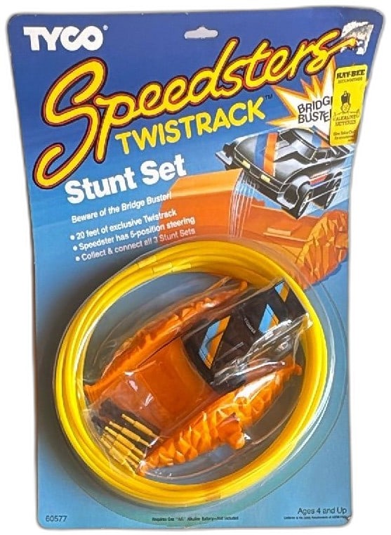 Tyco Speedsters Twistrack Stunt Set Bridge Buster 1987 New Sealed Vintage Toy: Vintage Tyco Speedsters Twistrack Stunt Set Bridge Buster from 1987, sealed in original packaging. Features 20 feet of exclusive yellow Twistrack, an orange and black stunt car with 5-position steerin