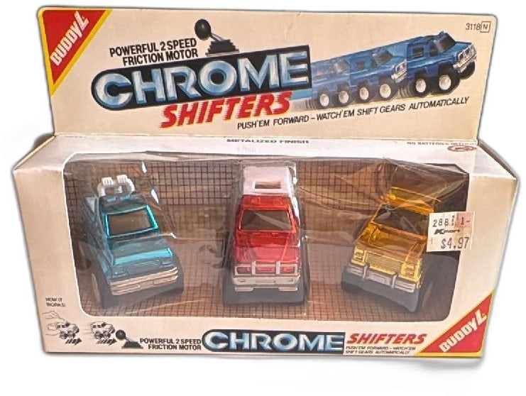 Buddy L Chrome Shifters 1987 Vintage Friction Cars Metalized Finish Sealed Box: Buddy L Chrome Shifters set from 1987, vintage friction-powered toy cars in original sealed packaging. Features three mini vehicles with powerful 2-speed friction motors and chrome-style metalized fin