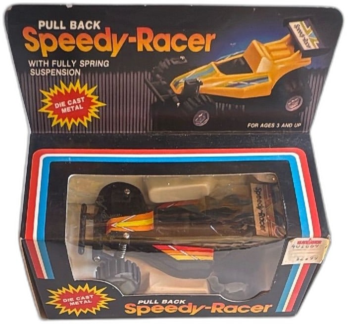 Vintage Pull Back Speedy Racer Die Cast Metal Car Spring Suspension No B7636: Vintage Pull Back Speedy-Racer Die Cast Metal Toy Car No B7636 with fully spring suspension. Unopened in original 1980s-style packaging, features bold yellow and black design, with colorful red and or