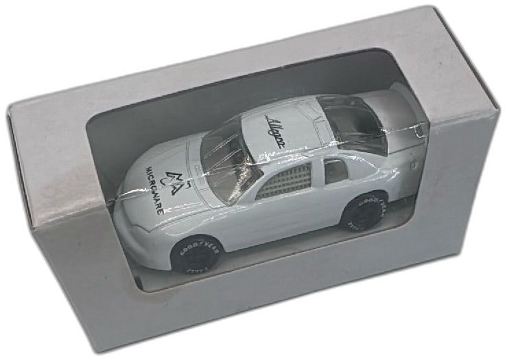 Maisto Chevrolet Monte Carlo Diecast Car Promotional Allegro Microware White 2000 Box: Maisto Chevrolet Monte Carlo diecast model car in white, features Allegro and Microware logos, original box dated 05/2000. Classic Goodyear Eagle tires, plastic windows, and promotional branding make 