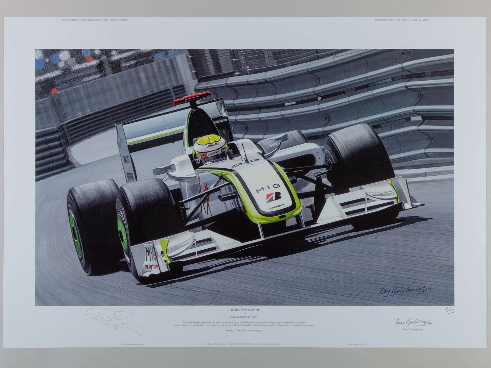 Ray Goldsbrough, “On Top of the World” limited edition print: Ray Goldsbrough, “On Top of the World” limited edition print, No.157 of an edition of 295 signed by Jenson Button and artist Ray Goldsbrough, 53 x 76, unframed