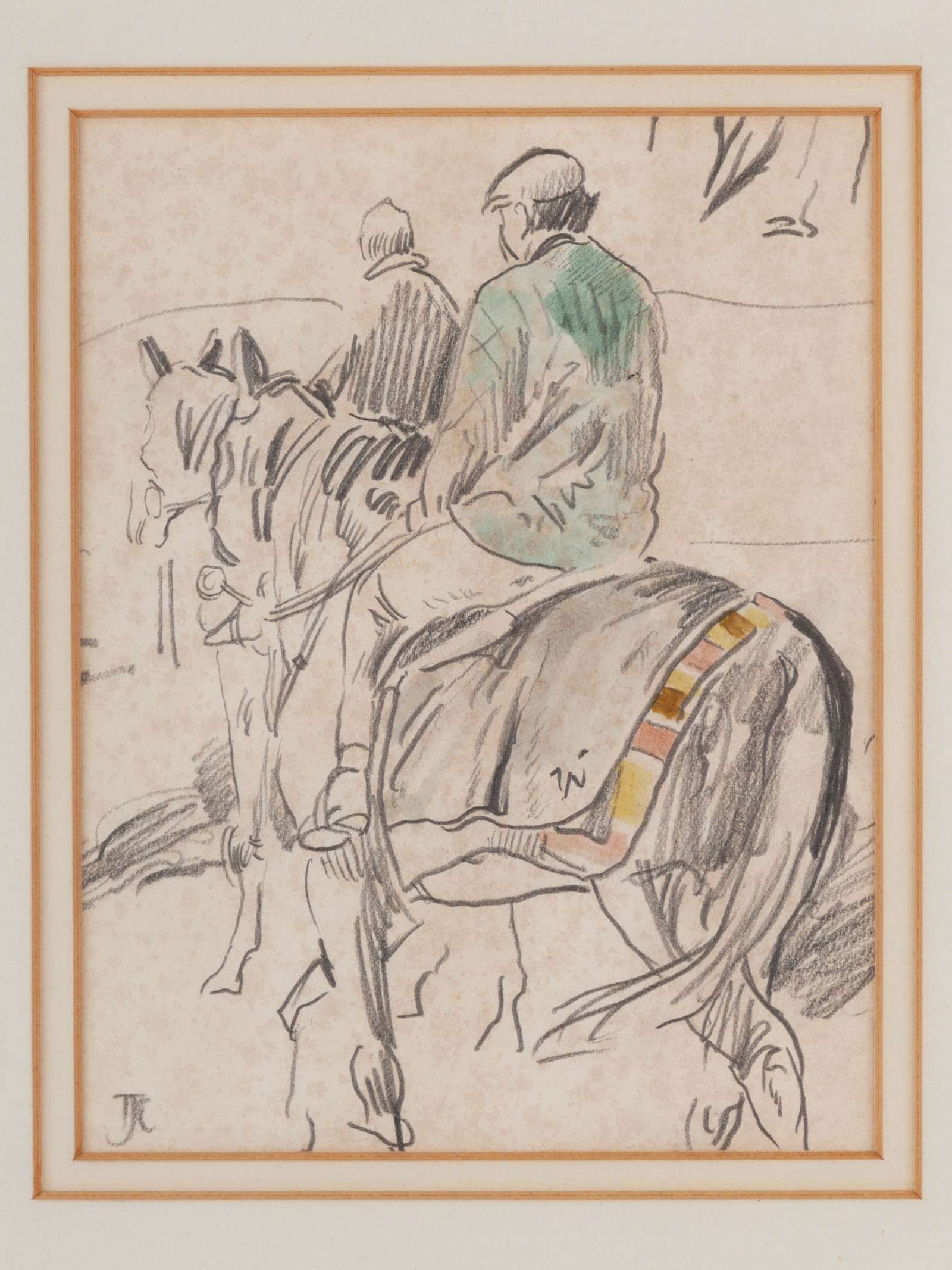 Drawing of two racehorses being exercised by Thomas John Coates. (1 of 2)
