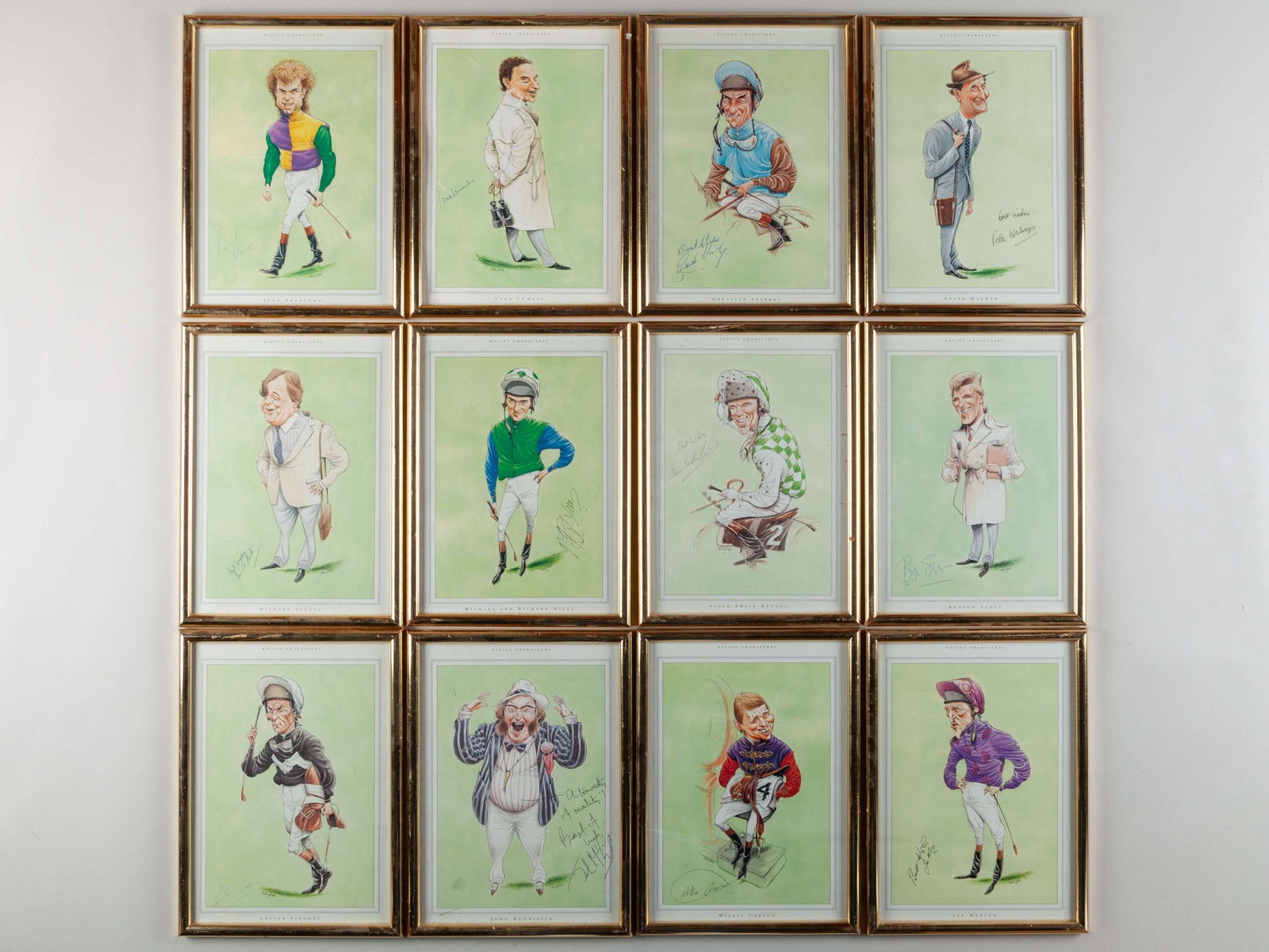 A group of twelve signed John Ireland caricature prints of horse racing personalities. (1 of 1)