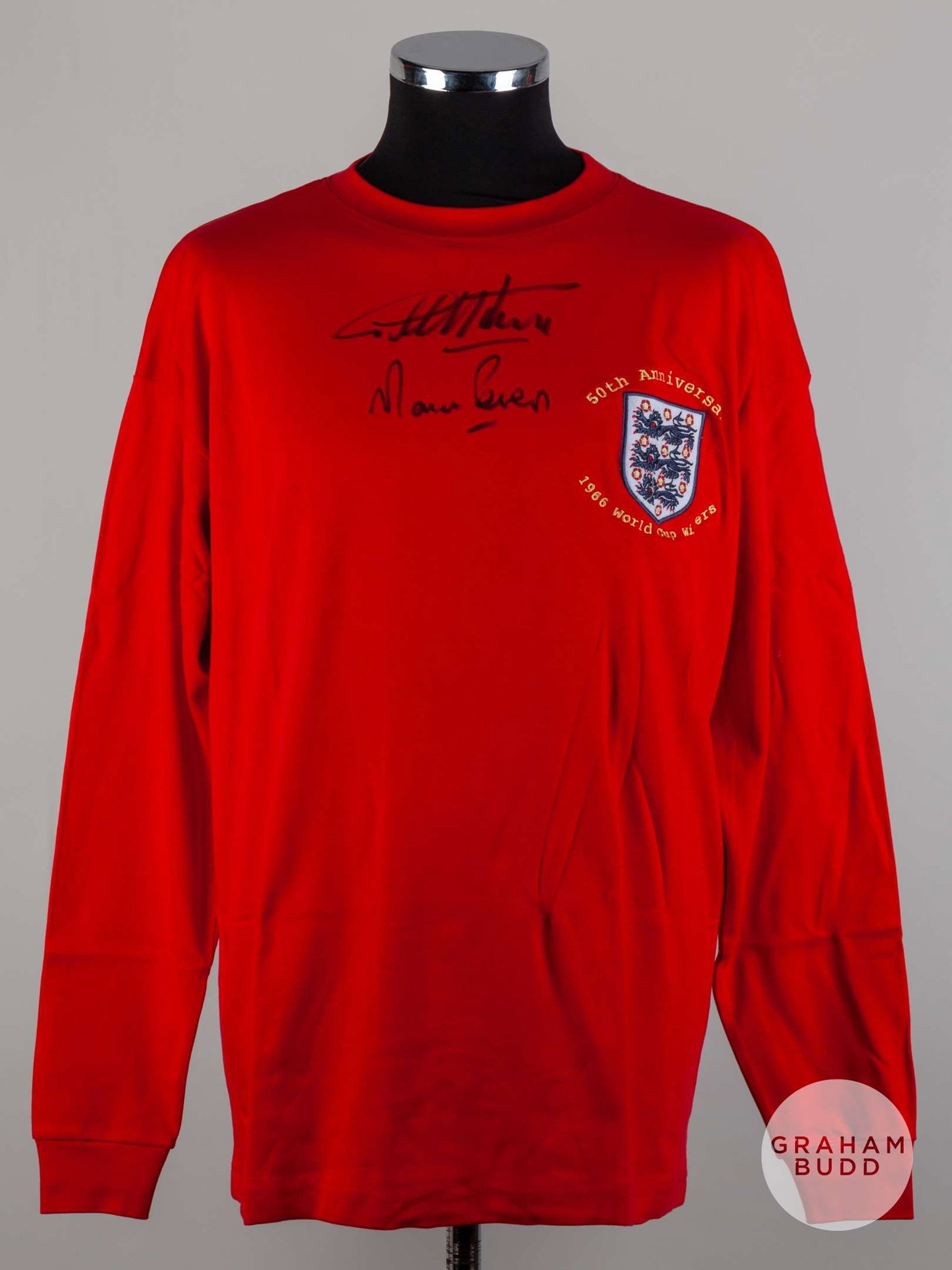 Red replica England 50th Anniversary autographed shirt.: Red replica England 50th Anniversary autographed shirt, autographed by Geoff Hurst and Martin Peters with A1 COA.