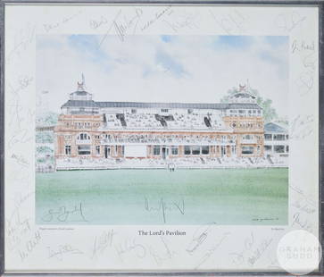 David Gentleman “The Lord’s Pavilion” autographed colour print: David Gentleman “The Lord’s Pavilion” autographed colour print, the mount bearing thirty-two cricketers autographs, including Geoff Boycott, David Gower, John Crawley, Alan Knott, et