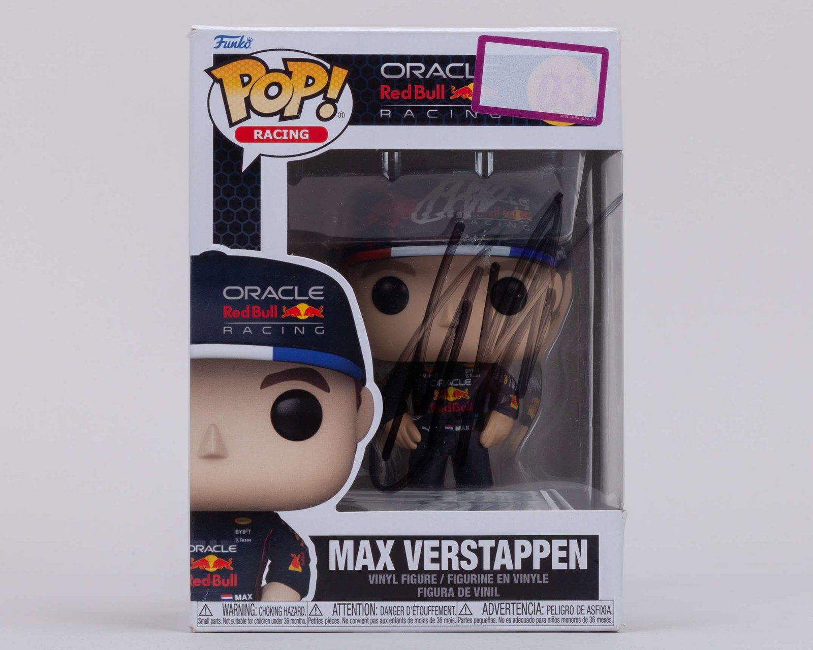 Max Verstappen Signed Funko Pop Racing Figure: Max Verstappen Signed Funko Pop Racing Figure. Hand signed by Max Verstappen on the cap in silver and also to the box in black.