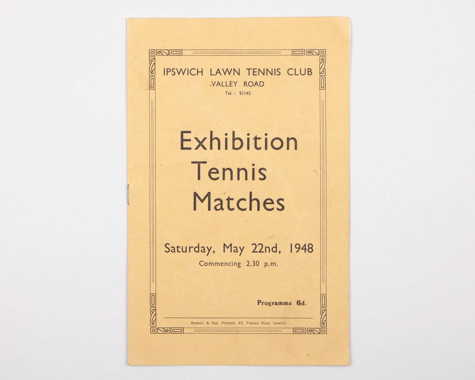 Ipswich Lawn Tennis Club Exhibition Tennis Matches autographed programme, 22nd May 1948: Ipswich Lawn Tennis Club Exhibition Tennis Matches autographed programme, 22nd May 1948, with eight autographs on the order of play page including George Patrick Hughes, Jean Bostock and Kay Menzies e