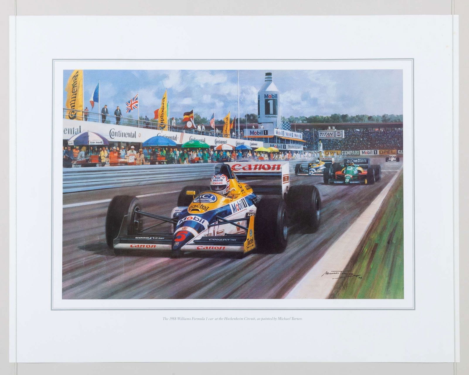 1988 Nigel Mansell Williams Hockenheim Grand Prix Print by Michael Turner: 1988 Nigel Mansell Canon Williams Team Hockenheim Grand Prix Print by Michael Turner. This is a 1988 Nigel Mansell Canon Williams Team print from the 1988 Hockenheim Grand Prix, created by F1 artist M