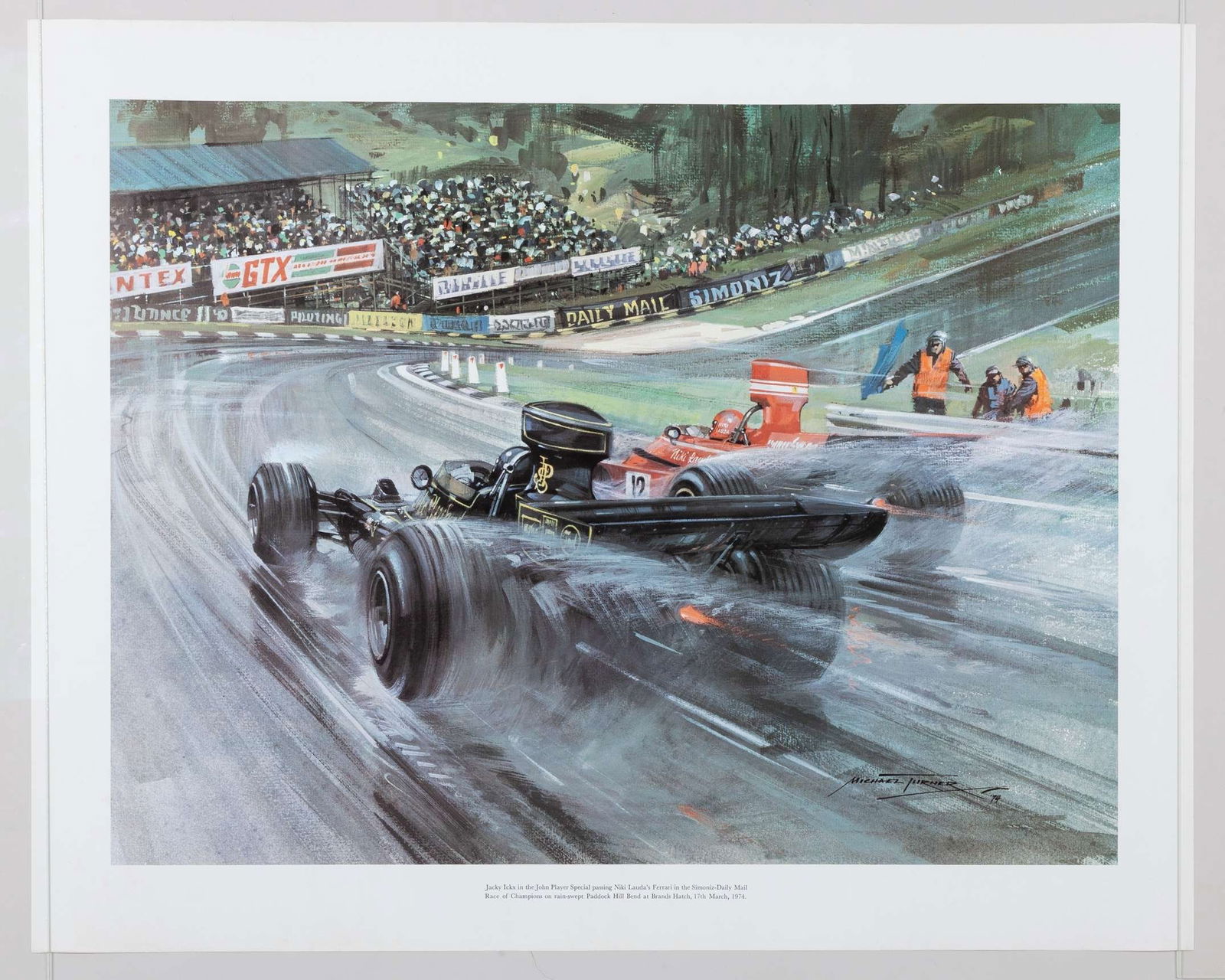 1974 Race of Champions Print by Michael Turner: 1974 Race of Champions Print by Michael Turner. A rare print from the 1974 Race of Champions, dated 17th March 1974 from Brands Hatch. Created by F1 artist Michael Turner. The print measures 75cm leng
