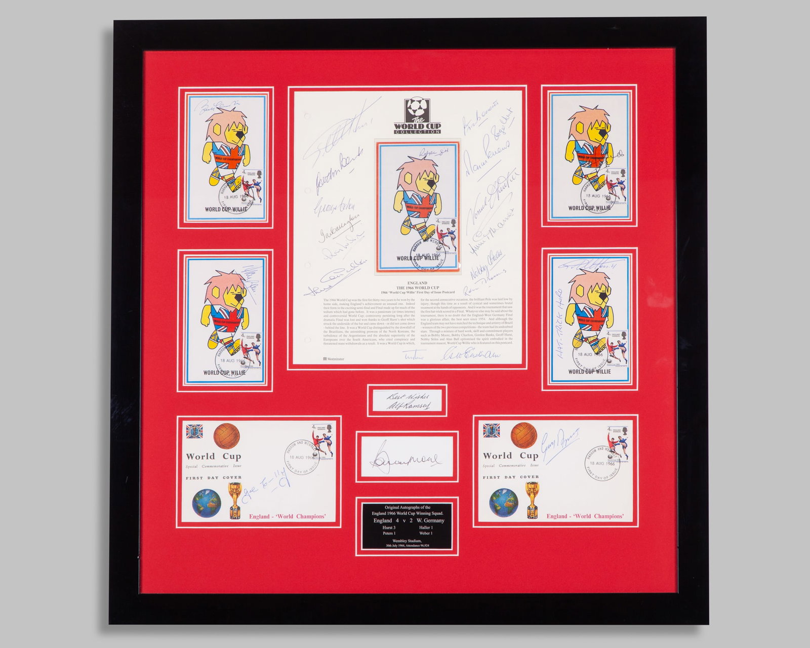 England World Cup 1966 - a squad line up autographed display: England World Cup 1966 - a squad line up autographed display, featuring seven first day covers, one signed by Bobby Charlton, Alan Ball, Geoff Hurst, John Connolly, Gerry Byrne, and team and squad exa