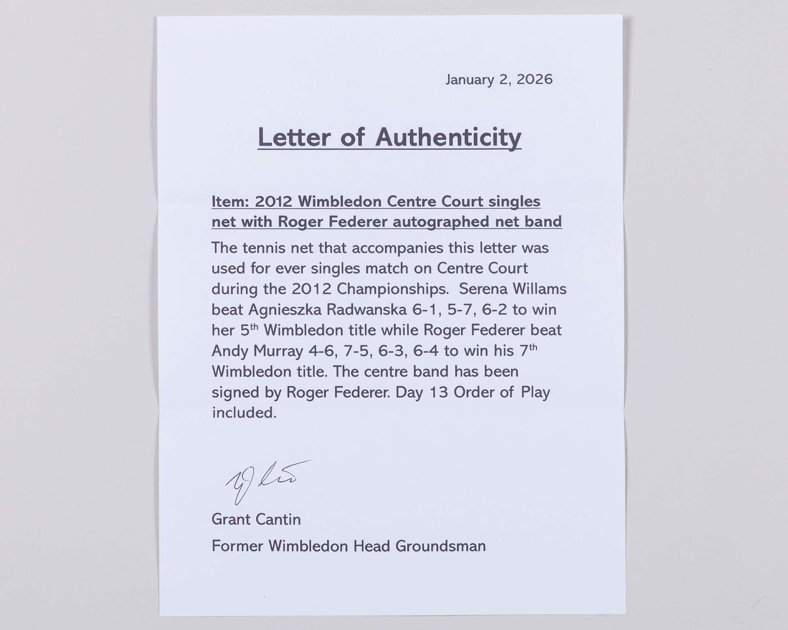 2012 Centre Court singles match used net, the net band autographed by Roger Federer - 6