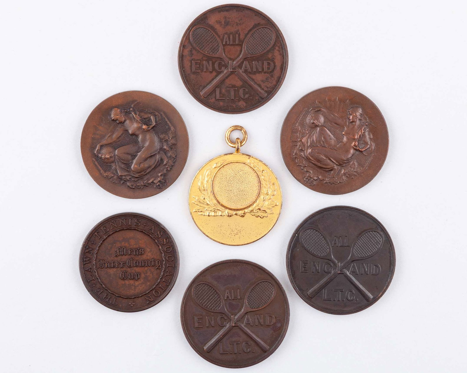 Five bronze tennis Inter-County Cup Warwickshire medals - 2