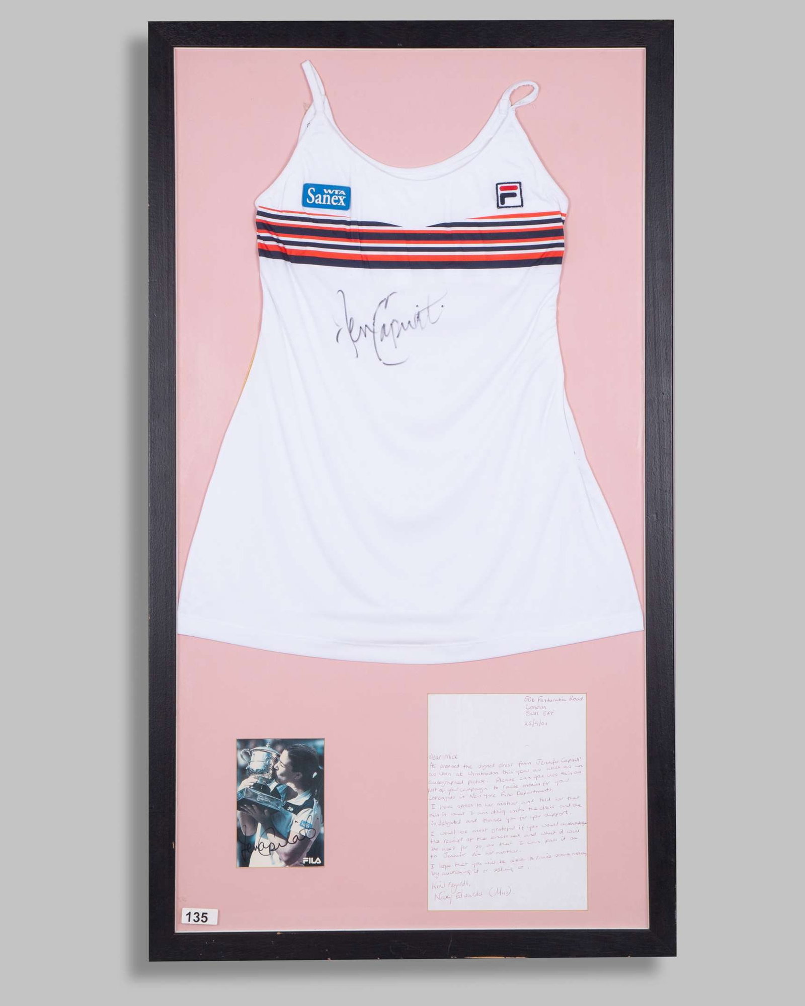 Jennifer Capriati white Wimbledon autographed tennis dress display, 2001 (1 of 3)