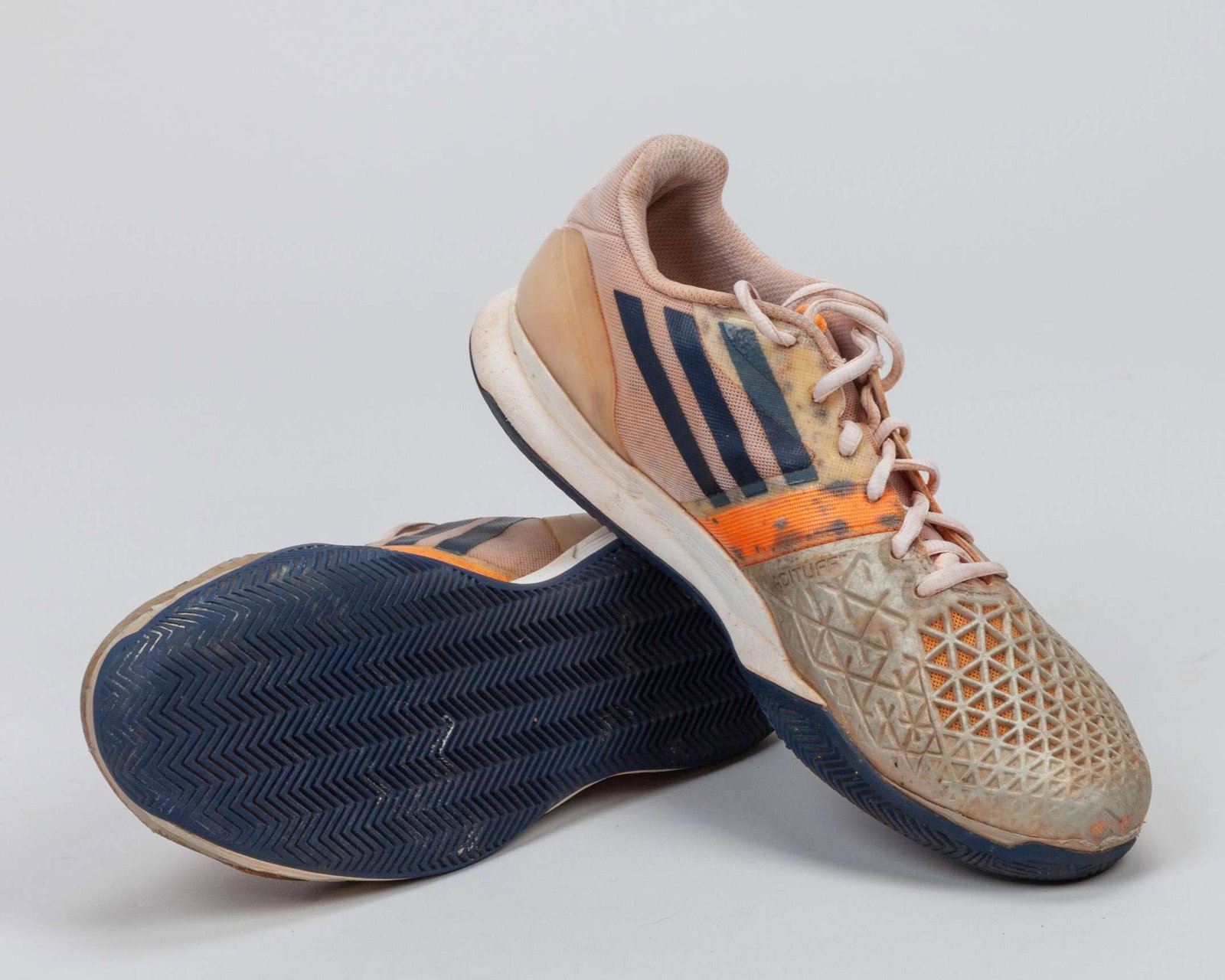 Fabio Fognini a pair of Adidas Adizero Feather III match worn tennis shoes, 2014: Fabio Fognini a pair of Adidas Adizero Feather III match worn tennis shoes, 2014, UK size 9, the left heel stamped Fogna, the right stamped NMM, the tongues with Roland Garros Paris tags The abo