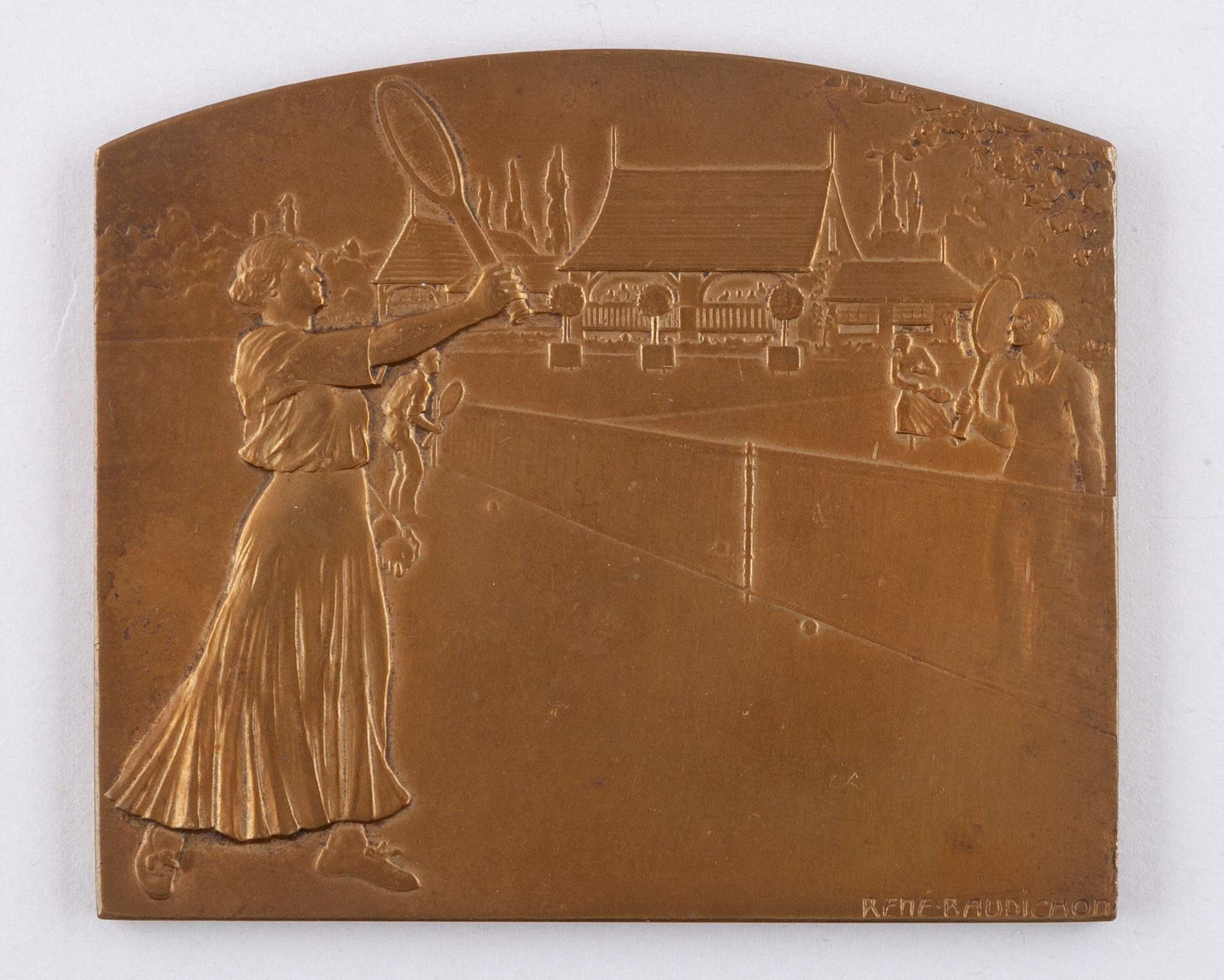 Rene-Adrien Baudichon, a French bronze tennis plaque: Rene-Adrien Baudichon, a French bronze tennis plaque, the obverse cast with a mixed doubles scene, the reverse cast with four racquets and tennis net, signed, 6 x 7cm 