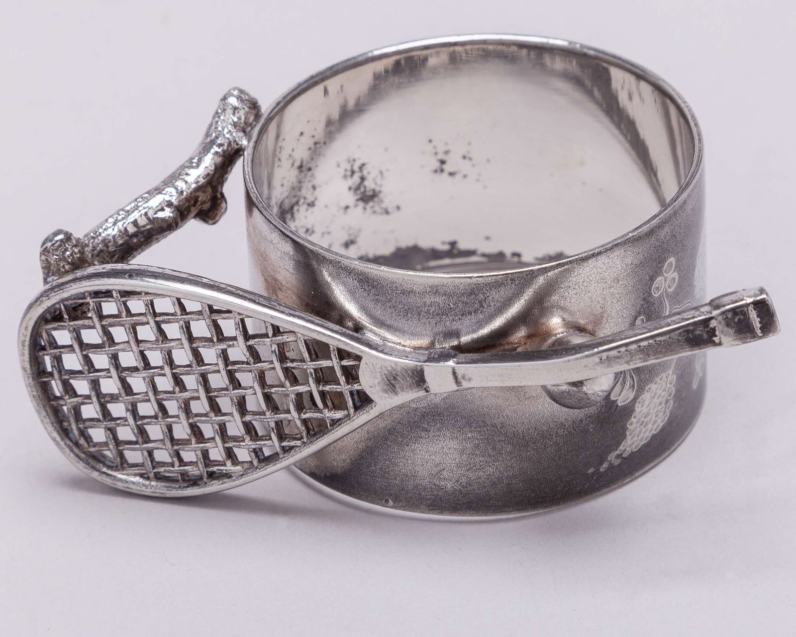 Three white-metal tennis napkin rings, each decorated with two rackets, two balls - 3