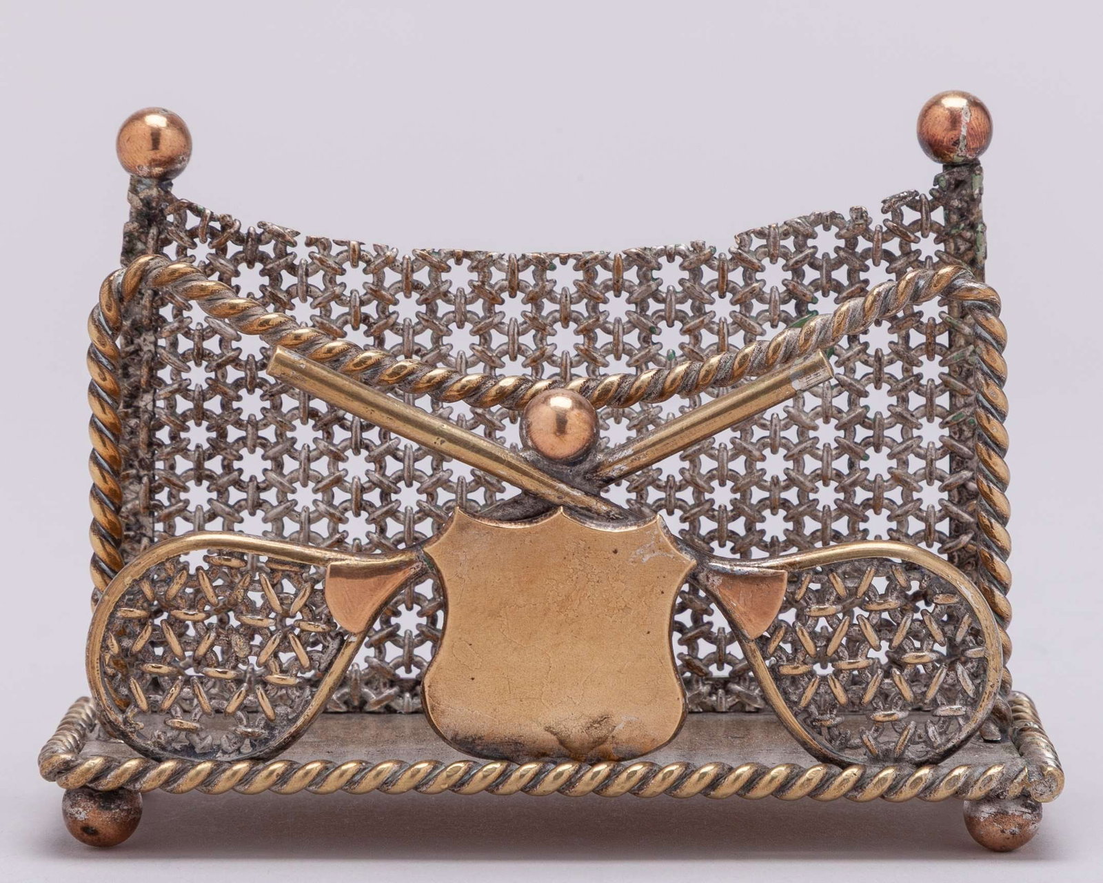 Three white-metal tennis napkin rings, each decorated with two rackets, two balls - 5