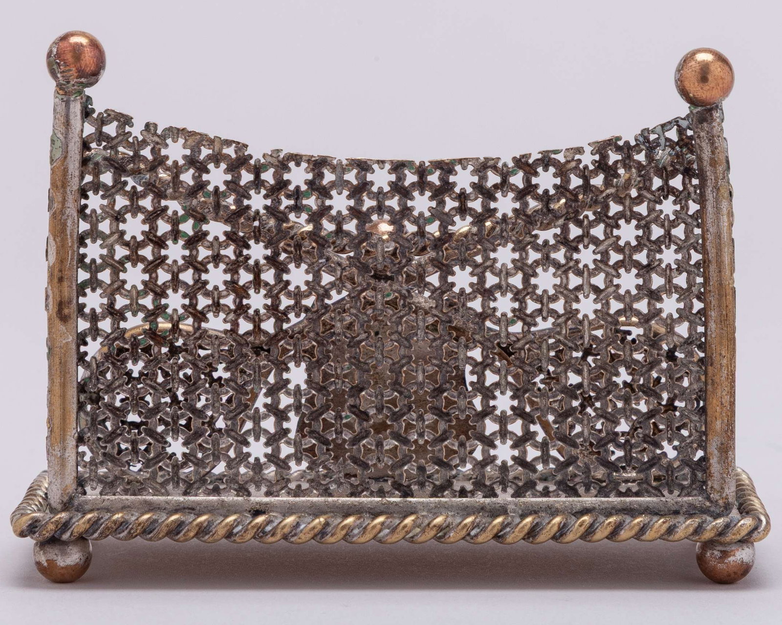 Three white-metal tennis napkin rings, each decorated with two rackets, two balls - 6