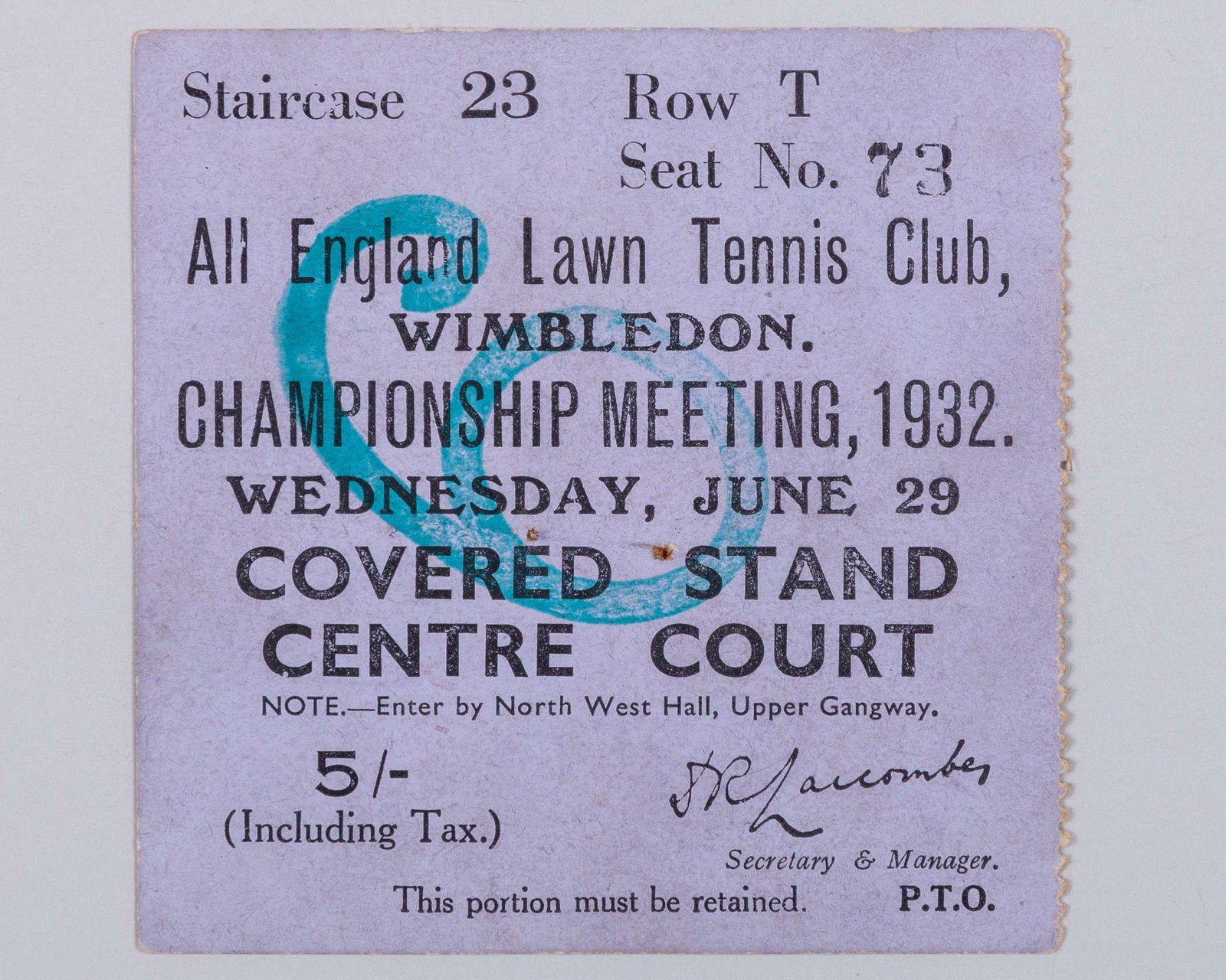 1932 Wimbledon autographed centre court ticket, 29th June 1932 - 2