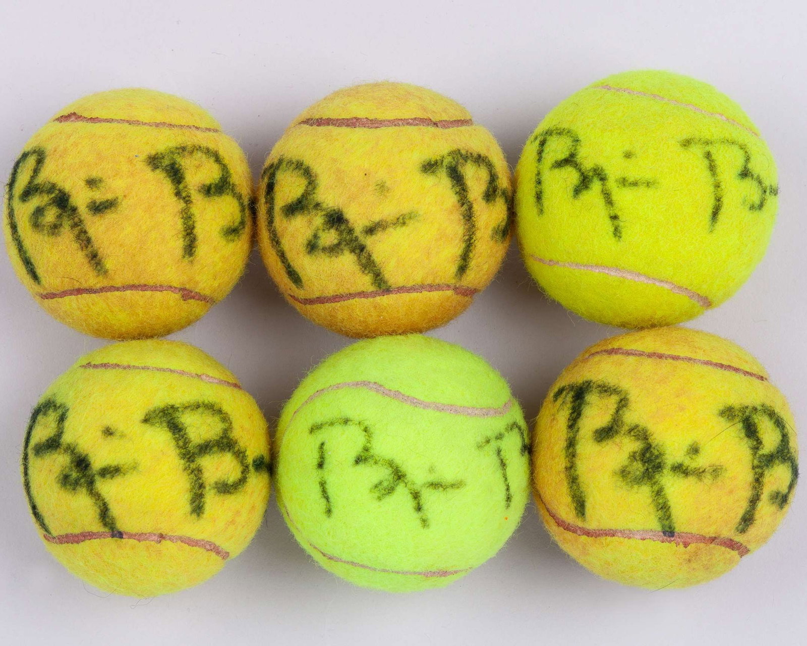 Six Dunlop Bjorn Borg autographed tennis balls: Six Dunlop Bjorn Borg autographed tennis balls, in various condition, some staining and slight fading The signed tennis balls were gifted to the OSPA Cabo Verde Cats and Dogs Rescue Centre by Bj
