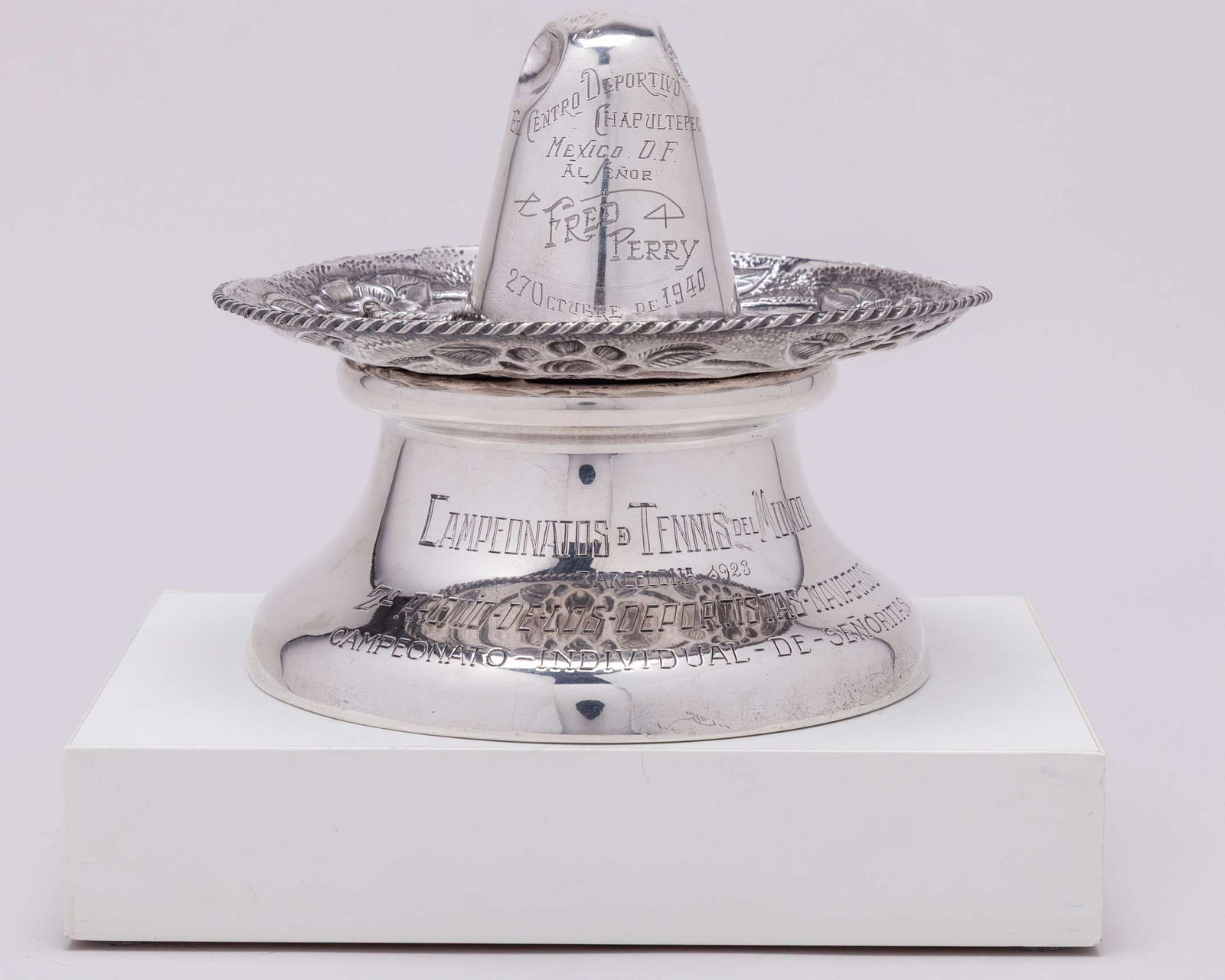 Fred Perry El Centro Deportivo Chapultepec trophy: Fred Perry El Centro Deportivo Chapultepec trophy, inscribed El Centro Deportivo Chapultepec Mexico D.F. Al Senor Fred Perry 27th Octuere De 1940, modelled as a sombrero, and a World Covered Courts Ch
