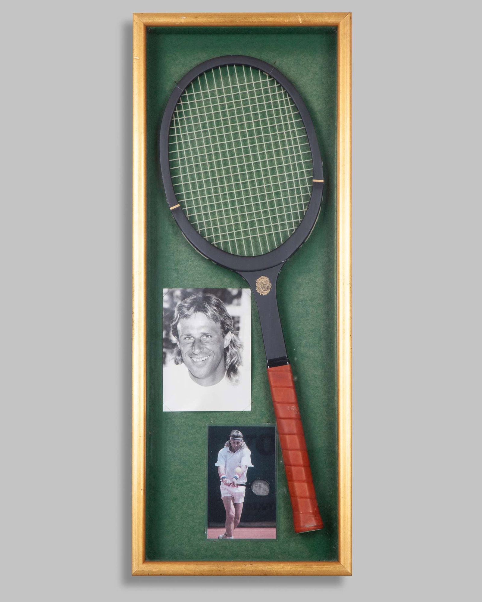 Bjorn Borg Grays of Cambridge tennis racquet: Bjorn Borg Grays of Cambridge tennis racquet with colour photograph of Borg and black and white photograph, framed Depending on your location it may not be possible to ship this lot without