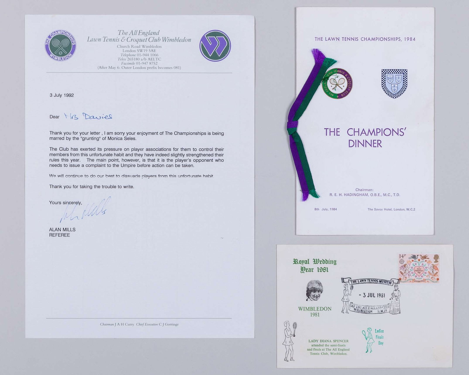 Wimbledon 1984 Champions Dinner menu, 8th July 1984: Wimbledon 1984 Champions Dinner menu, 8th July 1984 at the Savoy Hotel, Wimbledon Royal Wedding first day cover, selection of paper and envelopes made with grass from Centre Court and letter from Alan