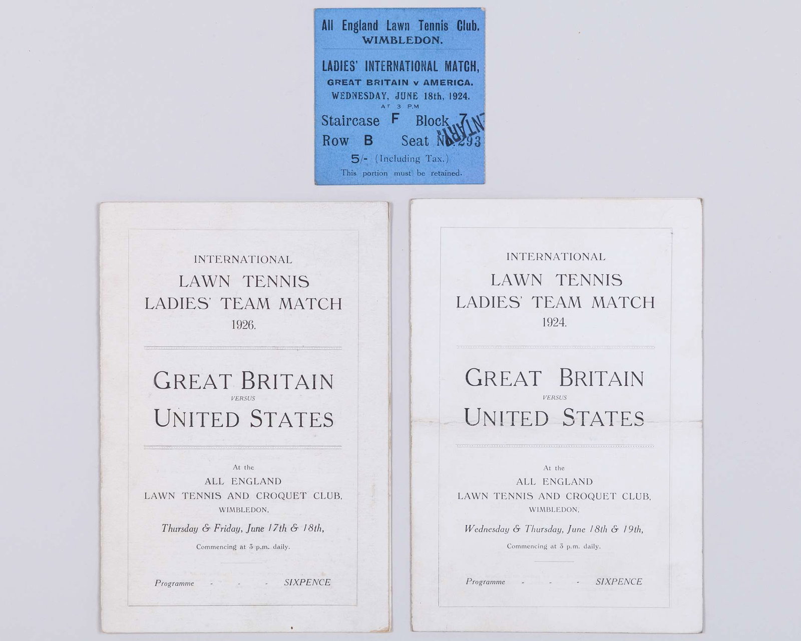 A rare 1924 four page card programme from the second Wightman Cup challenge match: A rare 1924 four page card programme from the second Wightman Cup challenge match played between Great Britain and USA at Wimbledon, with an original entrance ticket for the event and a further simila