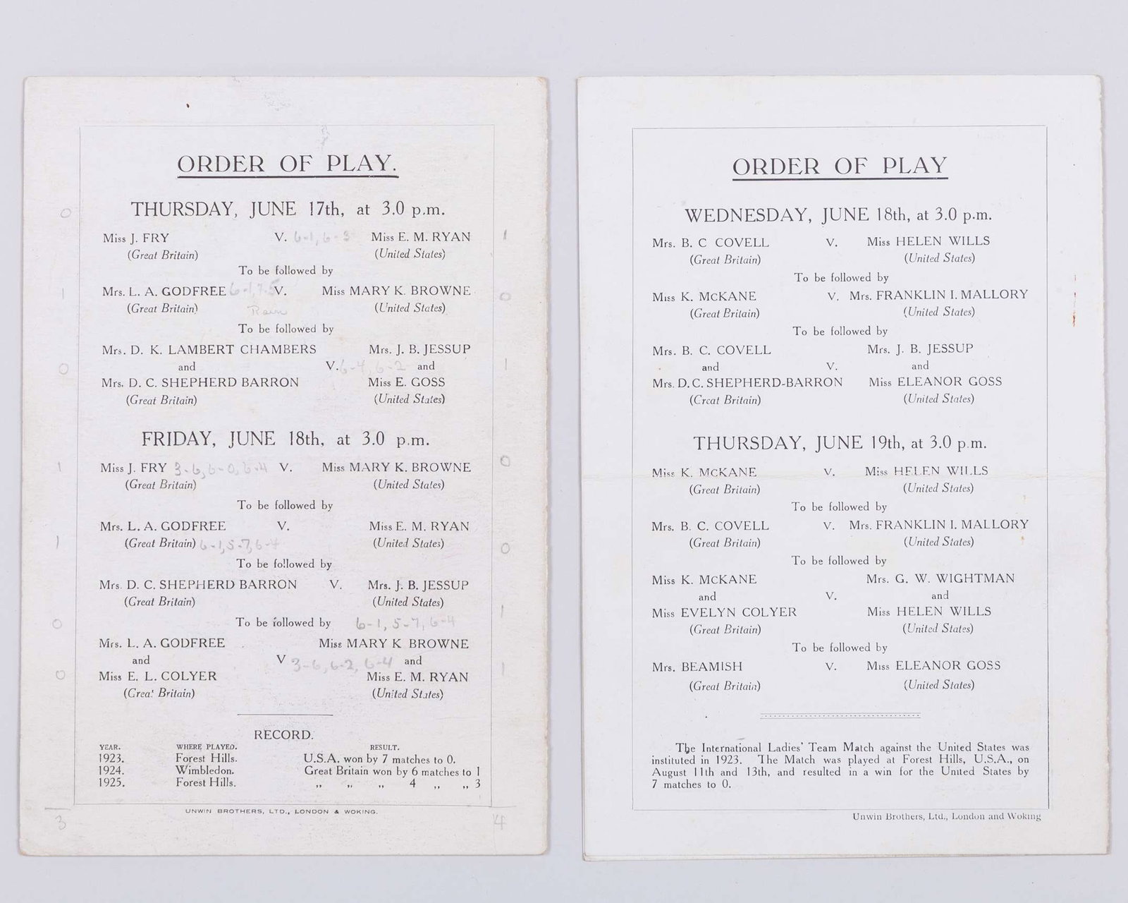 A rare 1924 four page card programme from the second Wightman Cup challenge match - 2