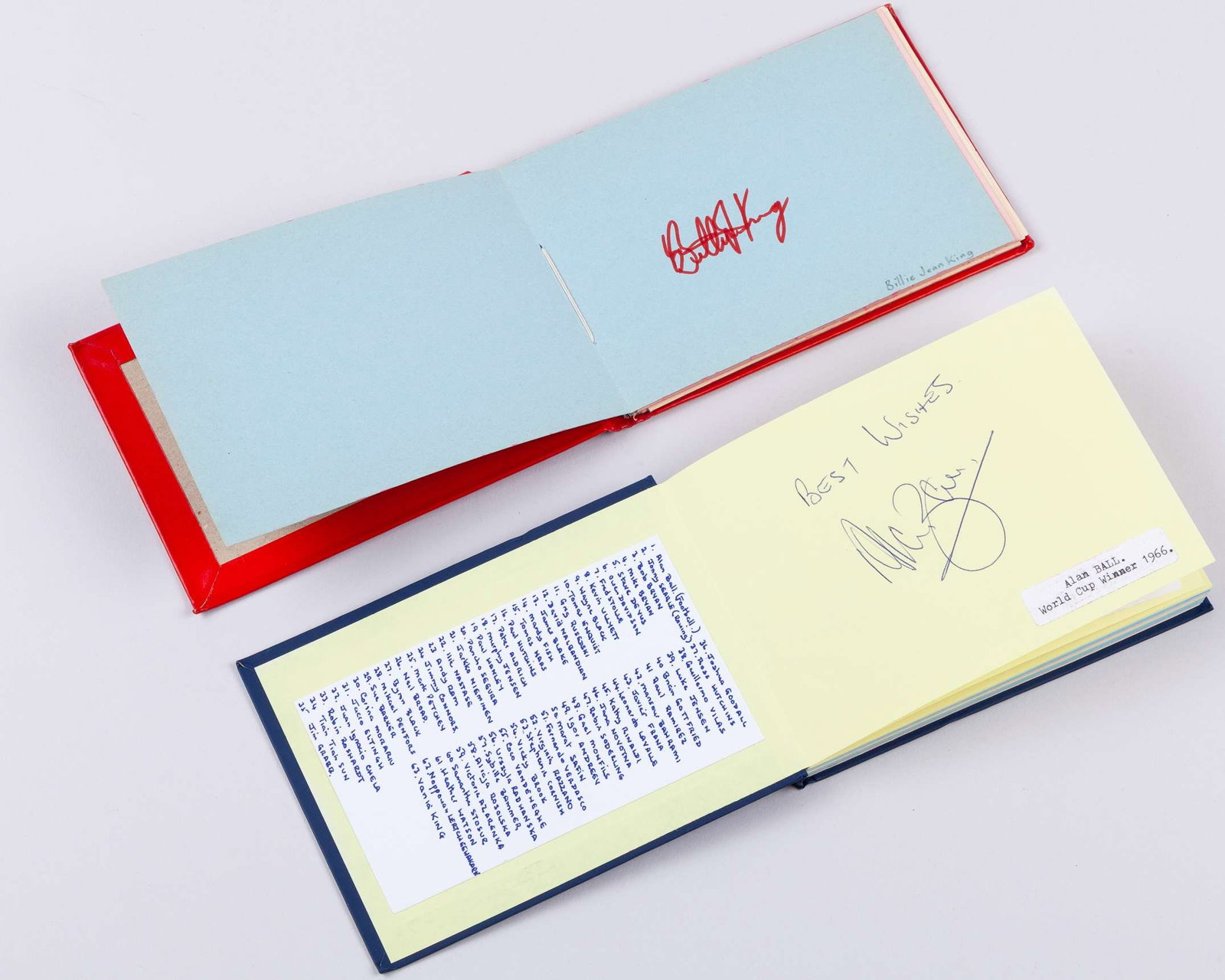 A tennis autograph album, 63 pages: A tennis autograph album, 63 pages, signed on right hand pages, signatures accompanied by typescript identification and details of their career highlights, subjects including Fred Stolle, Greg