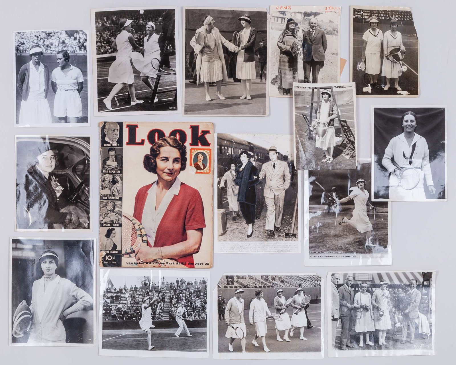 Helen Wills - a superb collection of over ninety black and white photographs: Helen Wills - a superb collection of over ninety black and white press and other photographs from 1921, the album featuring images of Helen playing tennis, receiving trophies, studio portraits and pri