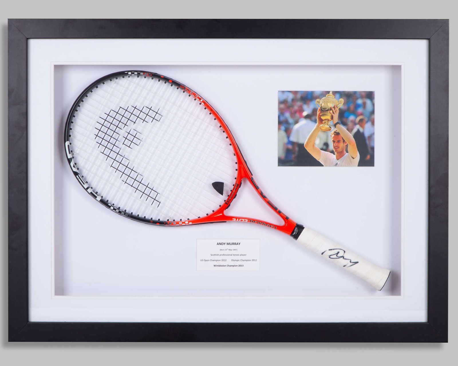 Andy Murray autographed red and black Head tennis racket display: Andy Murray autographed red and black Head tennis racket display, with a colour photograph and information card, with COA, framed and glazed, 61 x 83cm Depending on your location it may not be p