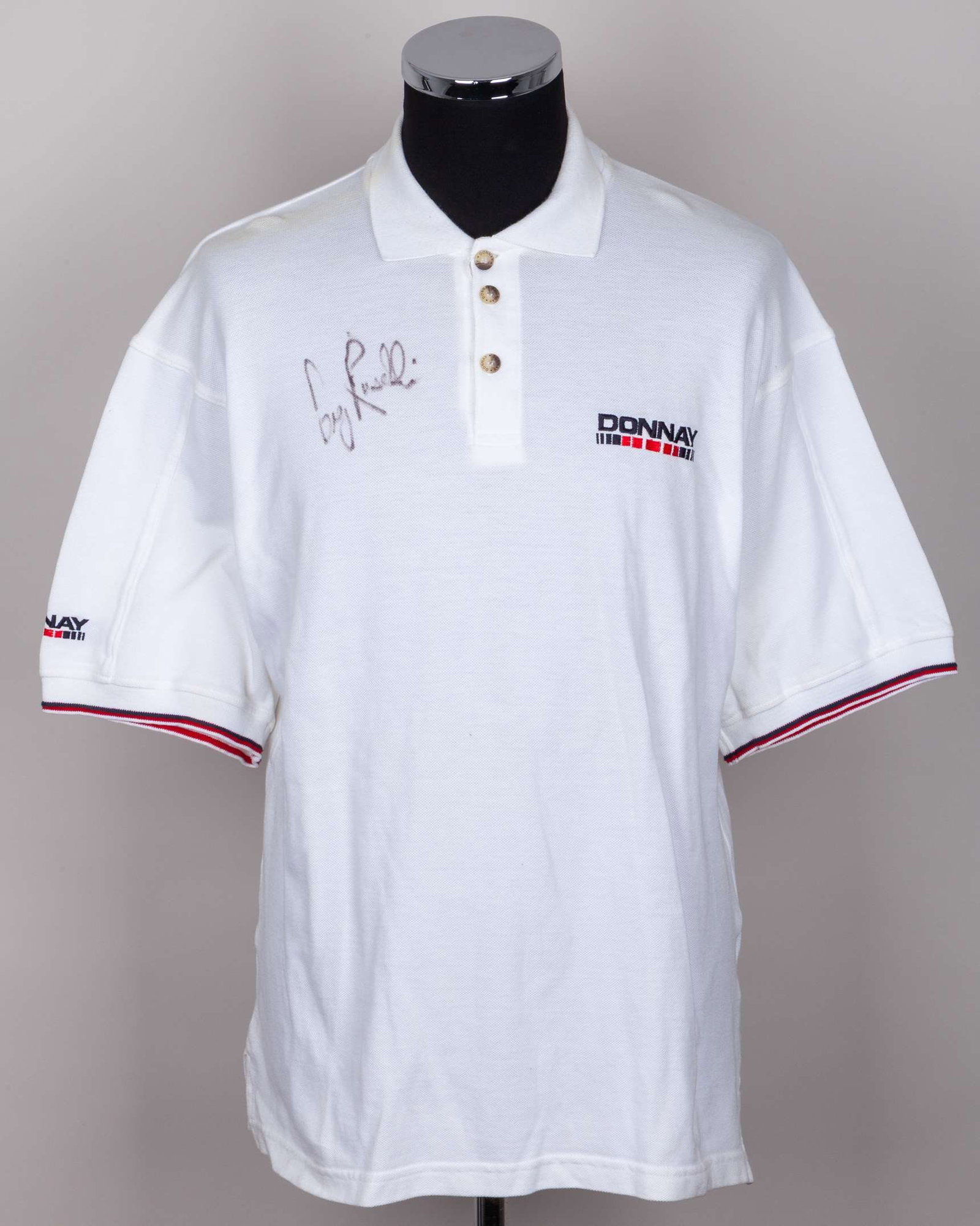 Greg Rusedski autographed white short-sleeved shirt: Greg Rusedski autographed white short-sleeved shirt, Donnay, XL, similar to that worn in Wimbledon 1999 
