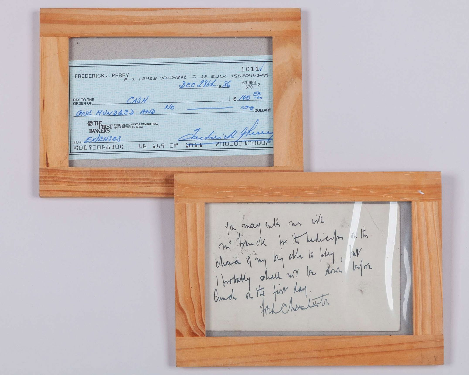 An autograph Frederick Perry signed cheque, December 1986: An autograph Frederick Perry signed cheque, December 1986, a Fred Perry signed photo along with signed Andy Murray autographed photograph an signed Frank Chesterton card, Alice Marble signed card and 
